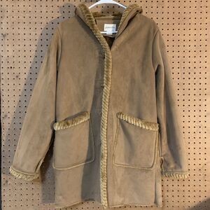 St John's Bay Coat Y2K Medium Hood Faux Fur Trimmed Penny Lane Jacket Beige